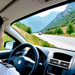 **

A driver in Montenegro, fully clothed, behind the wheel of a car. The car is on a scenic road with mountains in the background. The driver is wearing a seatbelt. Dashboard showing registration, driver's license, and insurance papers. Safe for work, appropriate content, fully clothed, professional, perfect anatomy, natural pose, clear focus on road safety.

**
