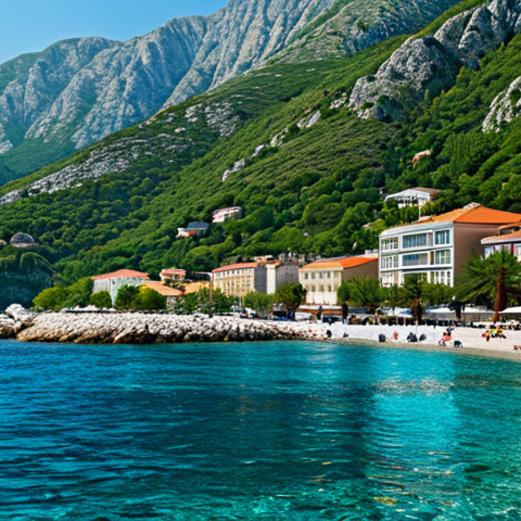 **

"Scenic view of Montenegro's Adriatic coast, featuring clear blue water, beaches, and mountains in the background. A modern resort town with colorful buildings is nestled along the coast. Safe for work, appropriate content, fully clothed, professional landscape photography, perfect composition, high resolution, clear details, family-friendly."

**