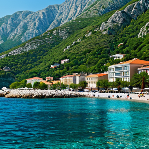 Home 14 **
"Scenic view of Montenegro's Adriatic coast, featuring clear blue water, beaches, and mountains in the background. A modern resort town with colorful buildings is nestled along the coast. Safe for work, appropriate content, fully clothed, professional landscape photography, perfect composition, high resolution, clear details, family-friendly."
**
