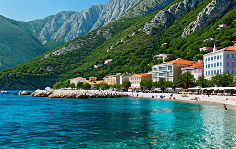 **

"Scenic view of Montenegro's Adriatic coast, featuring clear blue water, beaches, and mountains in the background. A modern resort town with colorful buildings is nestled along the coast. Safe for work, appropriate content, fully clothed, professional landscape photography, perfect composition, high resolution, clear details, family-friendly."

**