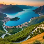 몬테네그로 드라이브 루트 - **Prompt:** A breathtaking panoramic view from the Serpentine Road ascending towards Lovcen National...