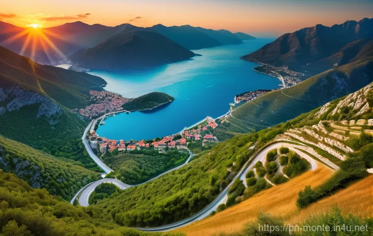 몬테네그로 드라이브 루트 - **Prompt:** A breathtaking panoramic view from the Serpentine Road ascending towards Lovcen National...