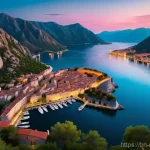 몬테네그로 럭셔리 여행 - **"A stunning aerial view of Kotor Bay, Montenegro, at sunset. The calm, deep blue Adriatic waters a...