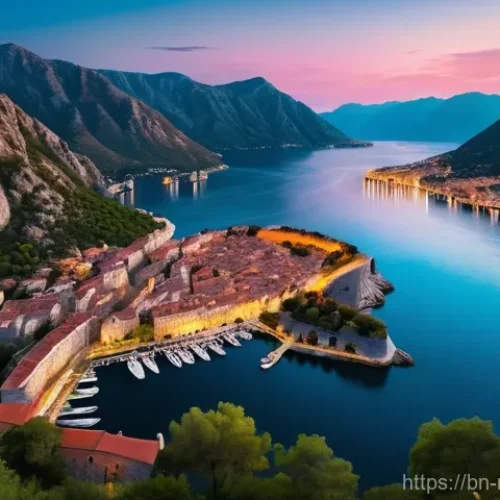 몬테네그로 럭셔리 여행 - **"A stunning aerial view of Kotor Bay, Montenegro, at sunset. The calm, deep blue Adriatic waters a...