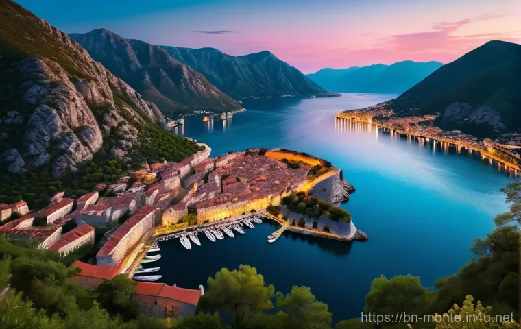 몬테네그로 럭셔리 여행 - **"A stunning aerial view of Kotor Bay, Montenegro, at sunset. The calm, deep blue Adriatic waters a...