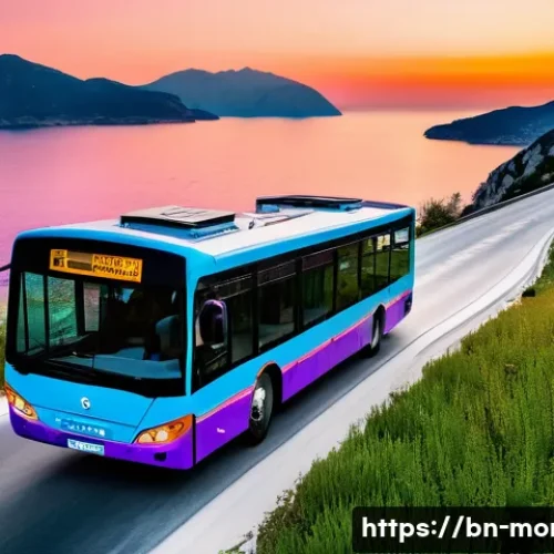 몬테네그로 버스 시스템 - **Montenegro Coastal Bus Journey at Sunset:**
    "A clean, modern tour bus drives along a winding c...