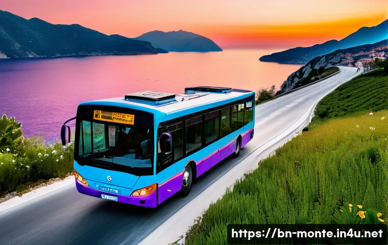 몬테네그로 버스 시스템 - **Montenegro Coastal Bus Journey at Sunset:**
    "A clean, modern tour bus drives along a winding c...