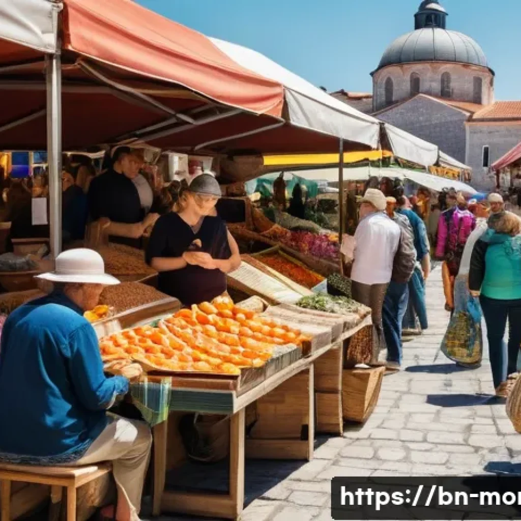 몬테네그로에서의 소매치기 위험 - A bustling outdoor market scene in Montenegro filled with diverse tourists and locals, showcasing a ...