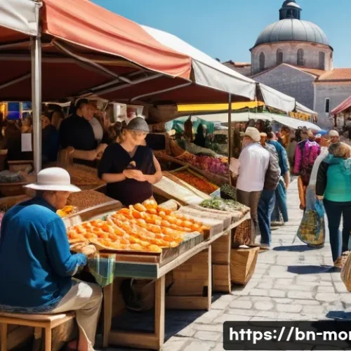 몬테네그로에서의 소매치기 위험 - A bustling outdoor market scene in Montenegro filled with diverse tourists and locals, showcasing a ...