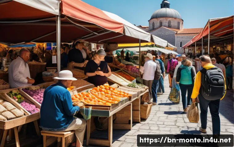 몬테네그로에서의 소매치기 위험 - A bustling outdoor market scene in Montenegro filled with diverse tourists and locals, showcasing a ...