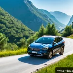 몬테네그로 렌터카 이용법 - A scenic mountain road in Montenegro during early morning light, featuring a compact rental car park...