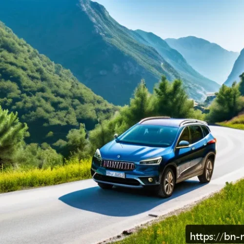 몬테네그로 렌터카 이용법 - A scenic mountain road in Montenegro during early morning light, featuring a compact rental car park...