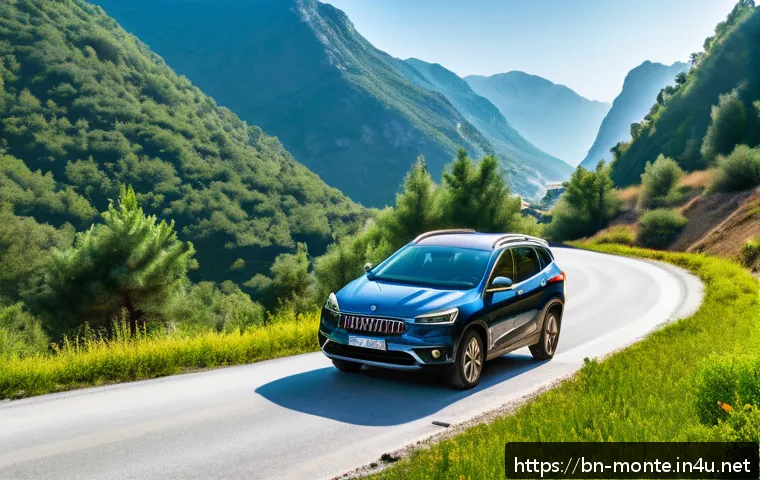 몬테네그로 렌터카 이용법 - A scenic mountain road in Montenegro during early morning light, featuring a compact rental car park...