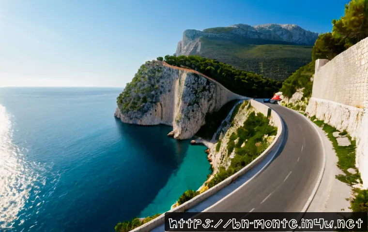몬테네그로에서 경험할 특이한 점 - Photorealistic wide-angle view of a dramatic Montenegro coastal road above the Adriatic Sea, a compa...